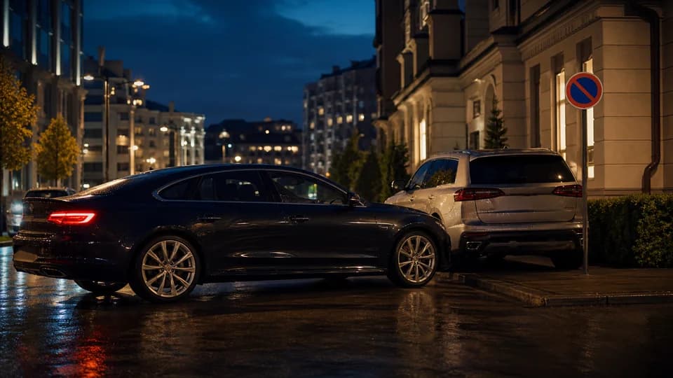 Two vehicles in a clear parking obstruction beside a no-parking sign at night.
