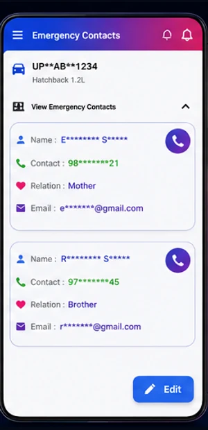 BT Conexa emergency contacts screen with two trusted contacts.