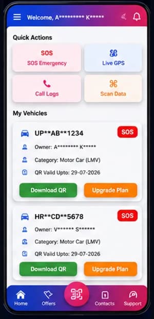 BT Conexa dashboard showing vehicle details and quick safety actions.